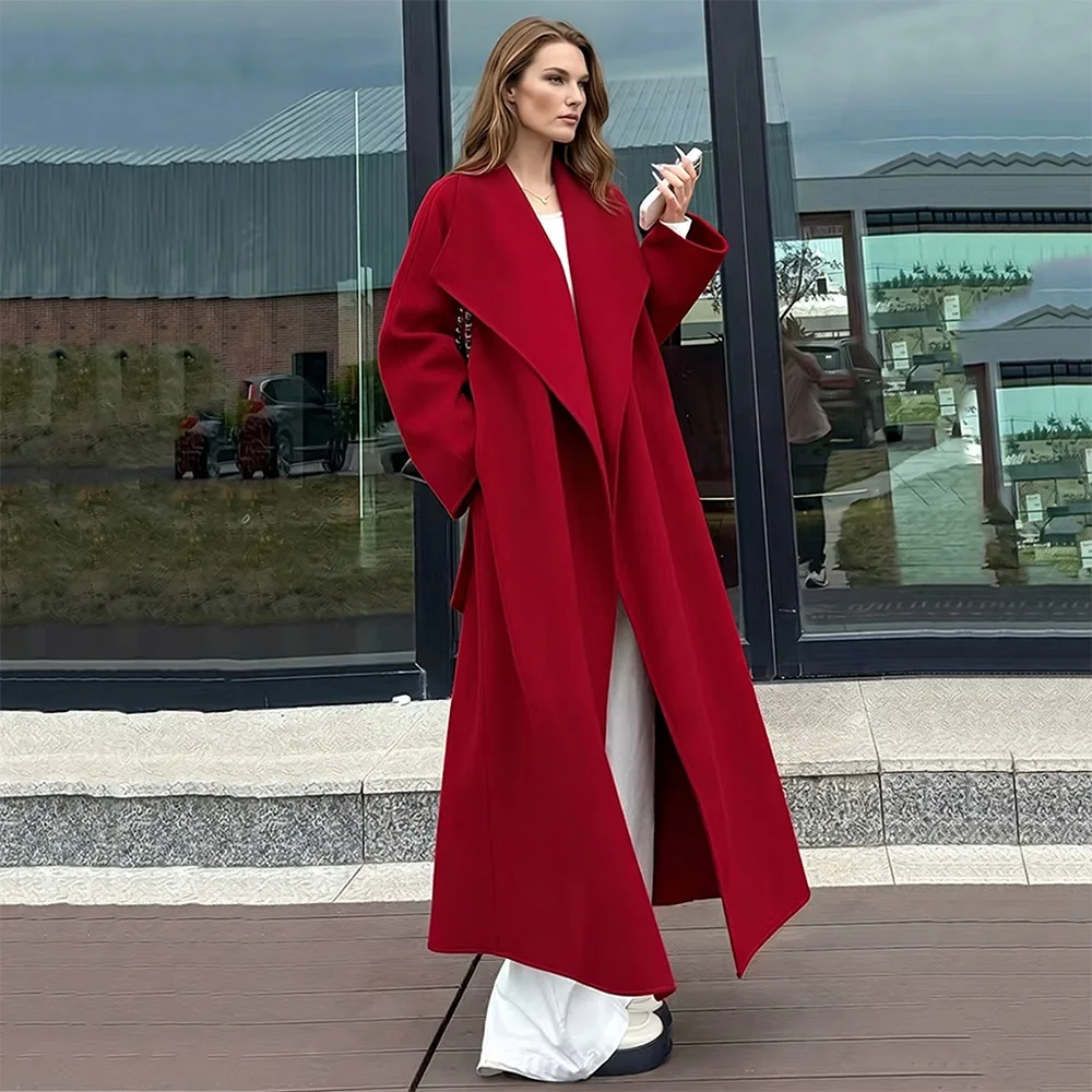 New Women Autumn Winter Wool Blends Coat Fashion Chic Turn-down Collar Long Sleeve Loose Woolen Coat Elegant Beautiful Long Coat