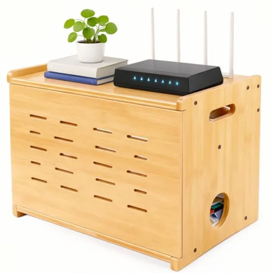 Upgrade WiFi Router Storage Box Hider Large Capacity Projector Shelf Wall Mount or Desktop Cable Management Box Bamboo Modem Or
