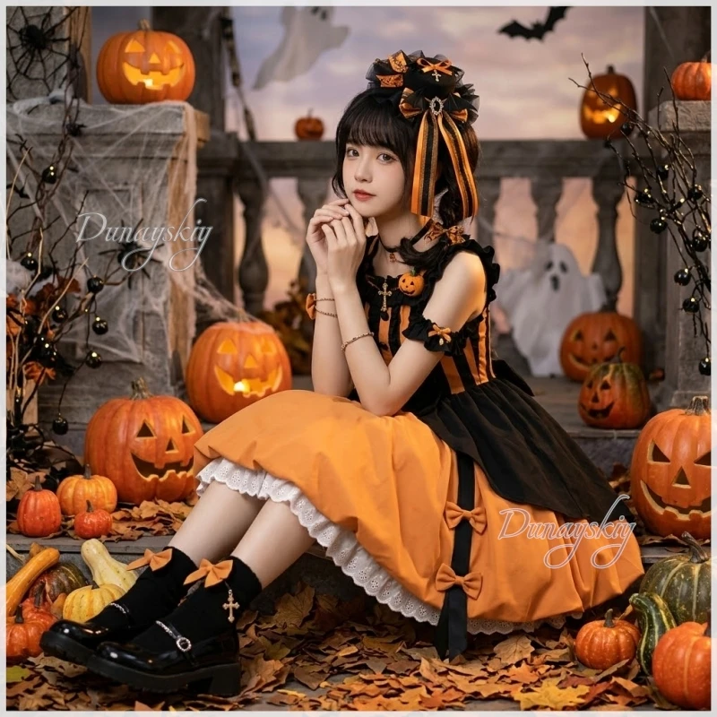 Halloween Orange-Schwarzes Teufel-Lolita-Kleid mit kleinem Hut, Cosplay-Kostüm, orange-schwarzes Farbschema, große Schleife, mehrlagiger Rock