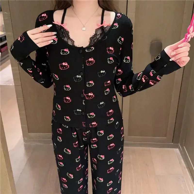 

Kawaii Hello Kitty модальный хлопковый кружевной пижамный комплект с длинными рукавами весна осень аниме Sanrio милая домашняя одежда с накладкой на грудь
