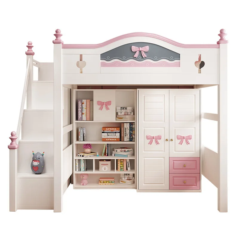 Go to bed Under table Upper and lower bunk Wooden bed Children girl Princess bed With desk Wardrobe Integrated multi-functional view 5