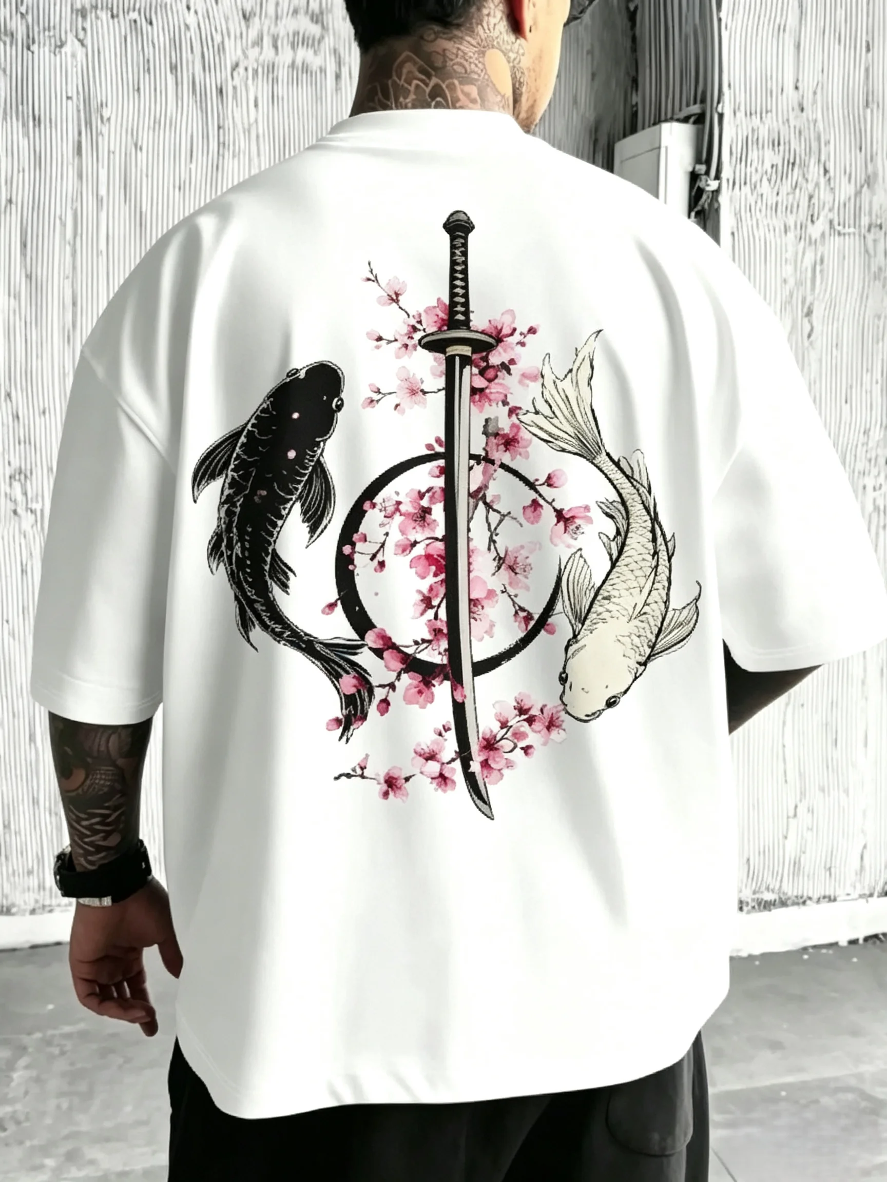 Oversized Japanese Style Yin Yang Koi Fish T-Shirt Men Women Sakura Samurai Katana Back Print Graphic Tee Harajuku Casual Streetwear Breathable Short Sleeve Tops