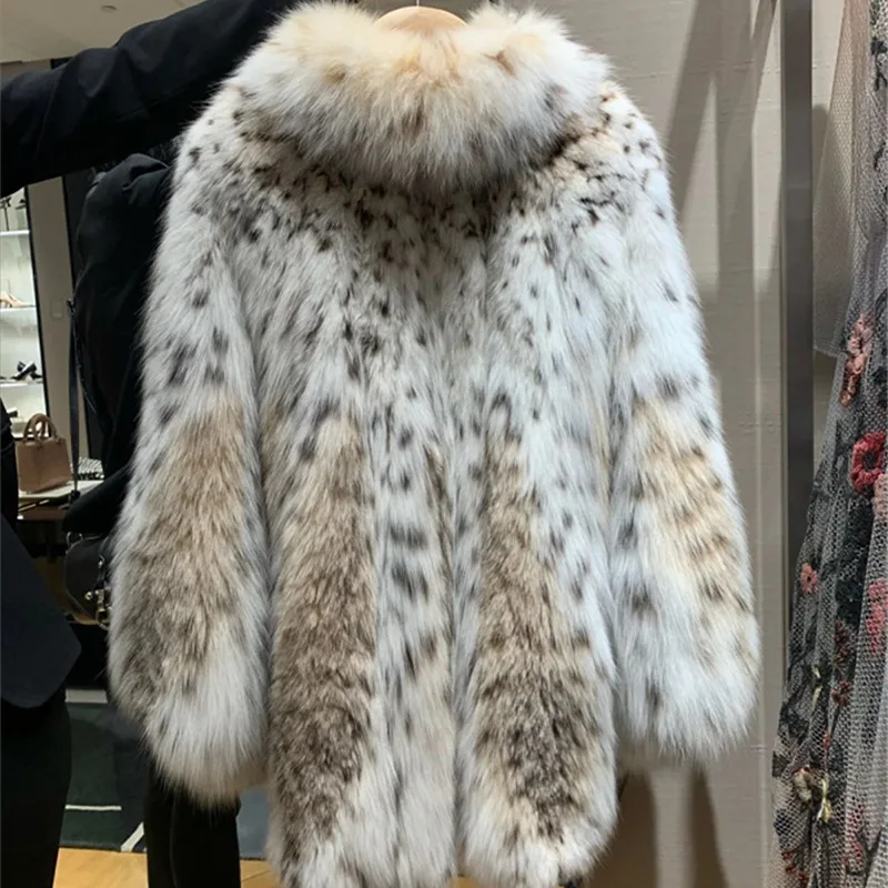 Casaco de pele manchada com estampa de leopardo feminino, pele de raposa de comprimento médio, novo, outono e inverno, 2022