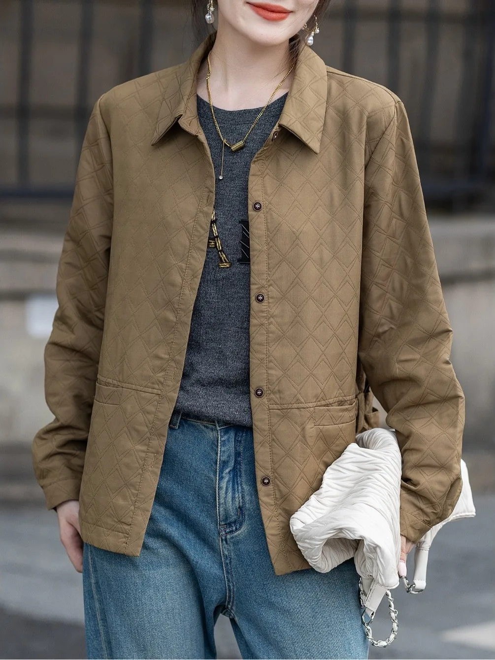 

Модная свободная женская верхняя одежда, весна-осень 2026, новое тонкое хлопковое пальто с ромбическим узором, модный кардиган для мамы