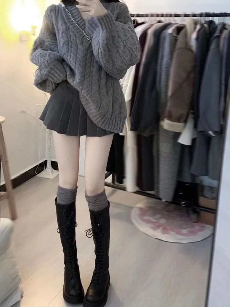 

Зимний нежный женский комплект с юбкой-свитером, модная уличная одежда небольшого размера, комплект из двух предметов, удобный длинный свеч V-Ne