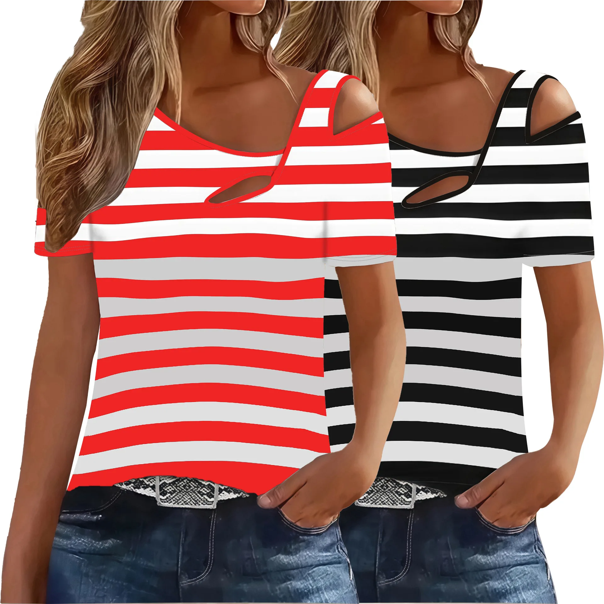 Women Short Sleeve Sexy Tops Tees Hole Strip Summer Fashio Big Large Casual Fashion Slim T Shirt Shirts Tees