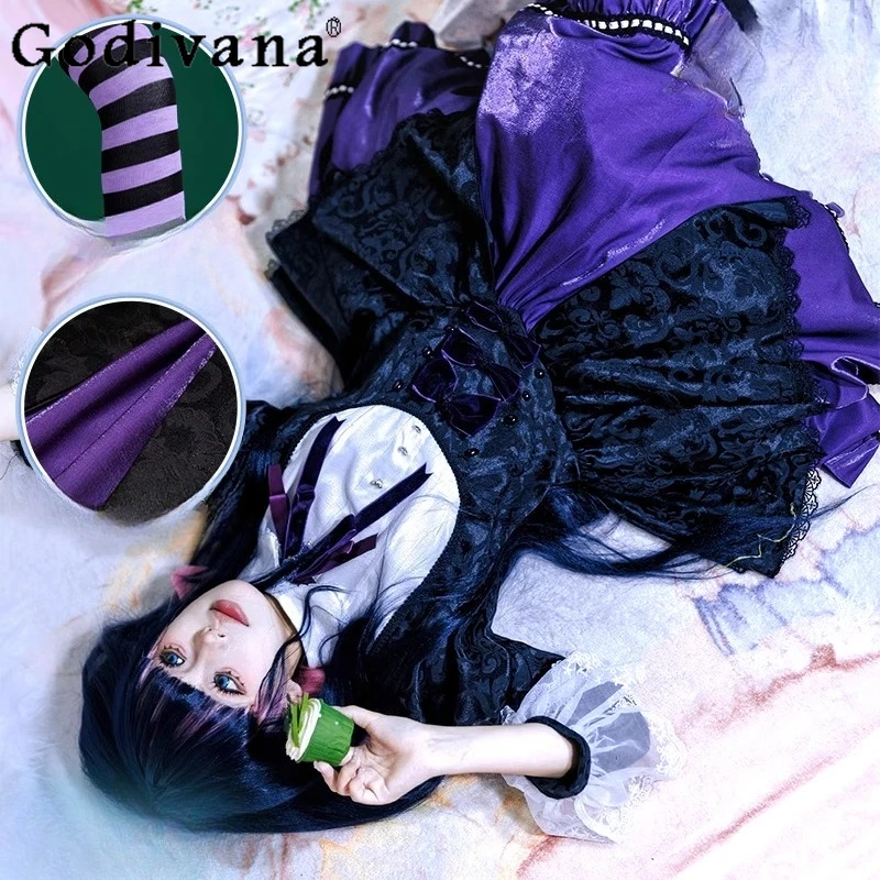 Lace Purple Lolita Dress for Women Panty with Garterbelt Stocking Cosplay Costume Dress Girls Striped Stockings Headwear Suit