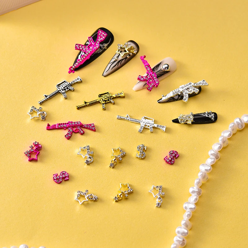 44PCS Gun Nail Charms Nail Art Rhinestone,Gold Silver Alloy Gun Dollar Sign Star Nail Decoration for Acrylic Nails