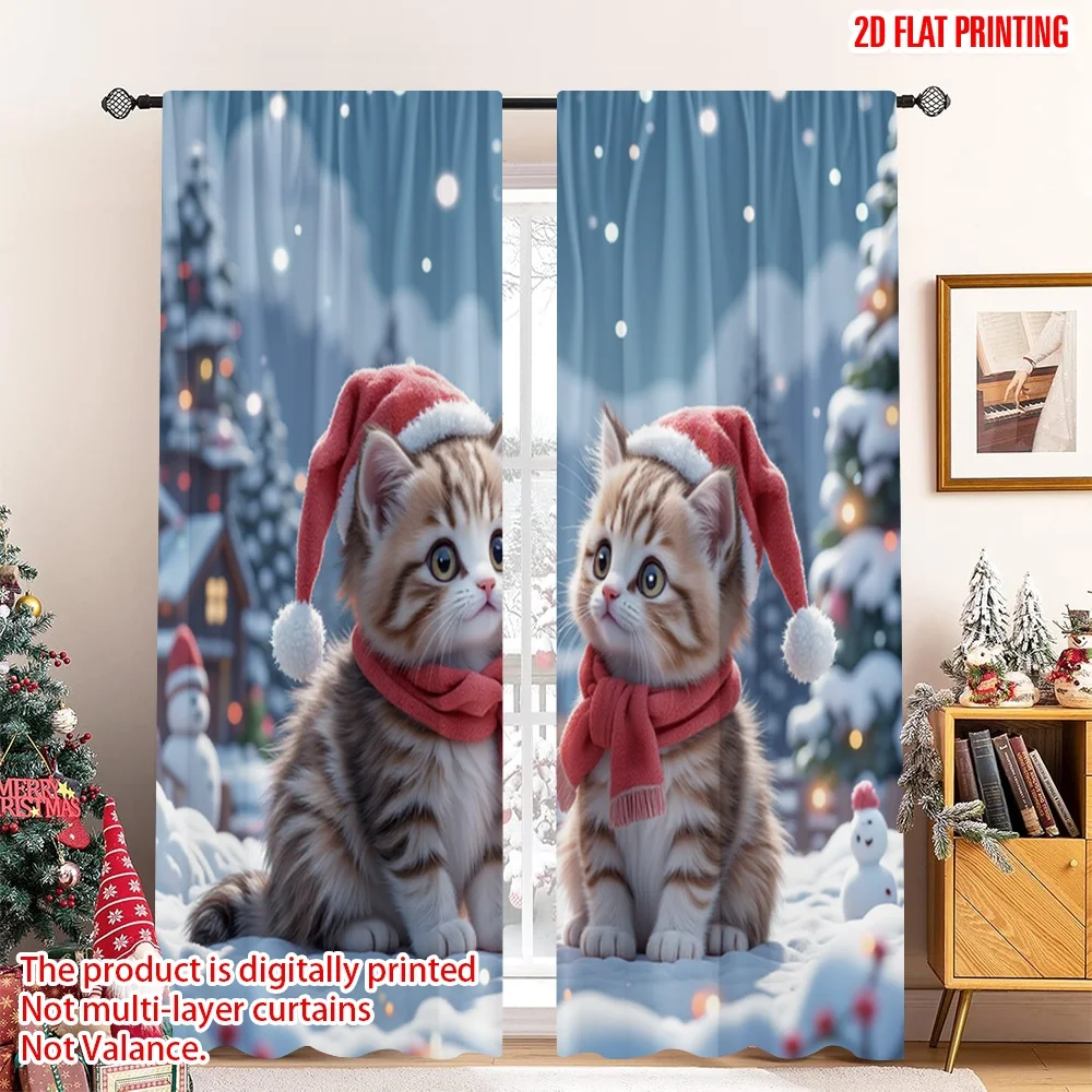 

2pcs 2D flat printing Merry Christmas Curtain Cute Christmas Kittens Winter Snow Fabric Without Electricity Party & Holiday
