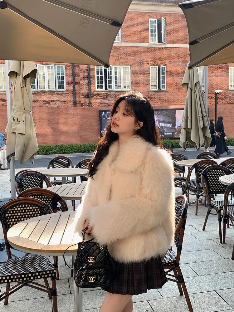 Women Faux Fox Fur Coats Solid Short Jackets Long Sleeves Turn Down Collar Open Stitch Loose Elegant Casual 2026 Autumn Winter