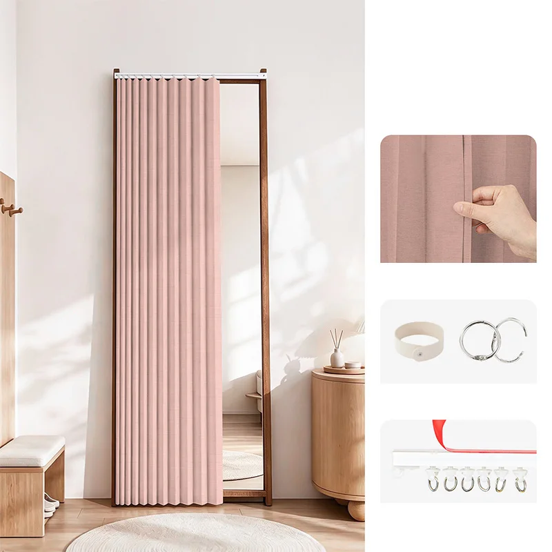 Full‑Length Mirror Cover Curtain No‑Drill Slide Rail Mirror Drape Dust‑Proof Decorative Cover for Floor Mirror Cabinet Bookshelf