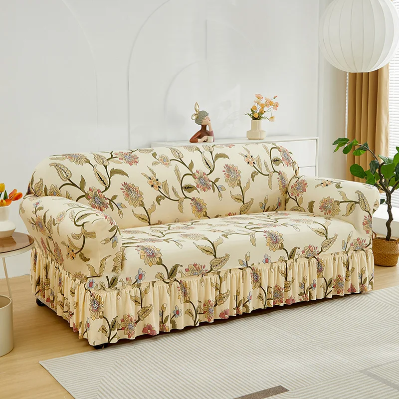 Ruffle Skirt Hem Sofa Cover Anti-slip Washable Couch Slipcover for Living Room Furniture Dust Protection Decor