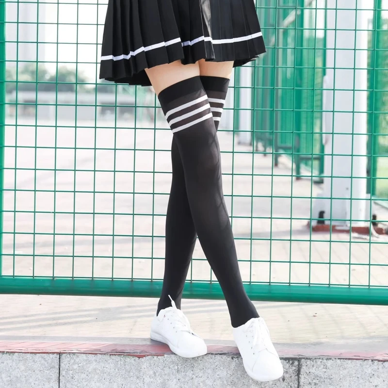 120D Velvet Leg Warmers Women Sexy Slimming Leg Thigh High Stockings White Pink Black Three-Striped Extended Long Medias
