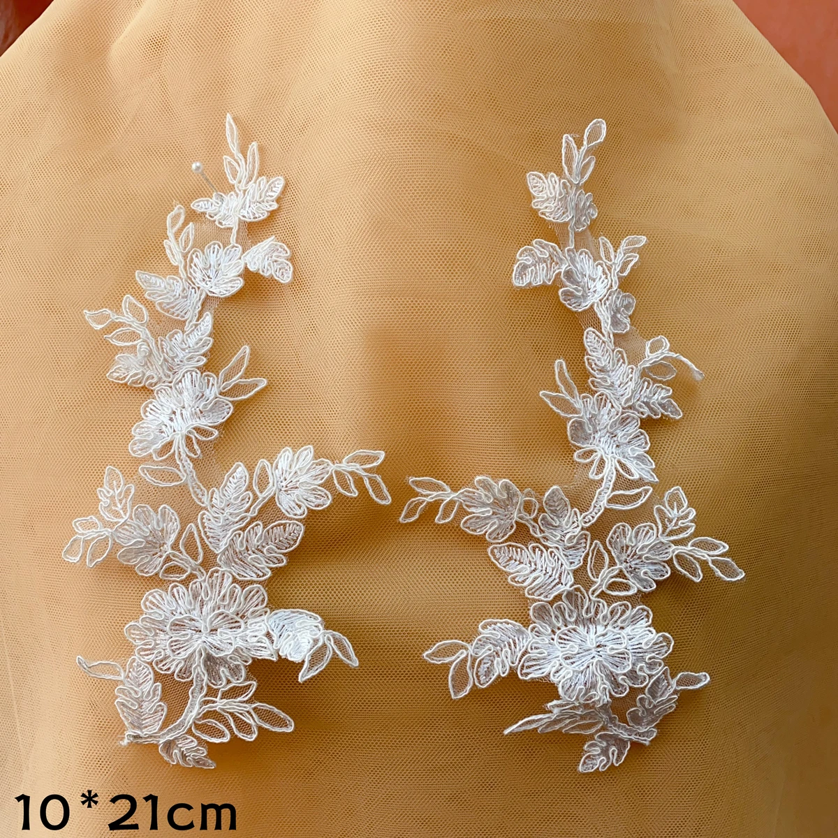 10 Mirror Pairs 10x21cm Ivory Embroidery Cording Lace Flower Applique Fabric Wedding Dress Accessories