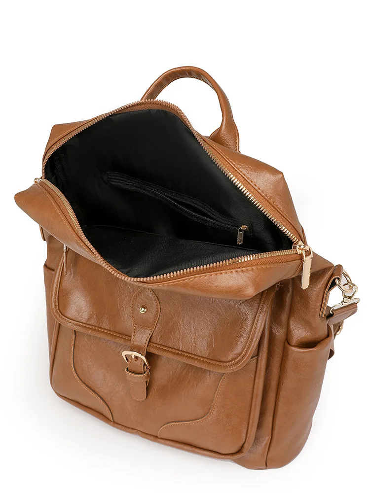 Retro women's backpack, PU soft leather with multiple pockets, large capacity business commuting travel backpack