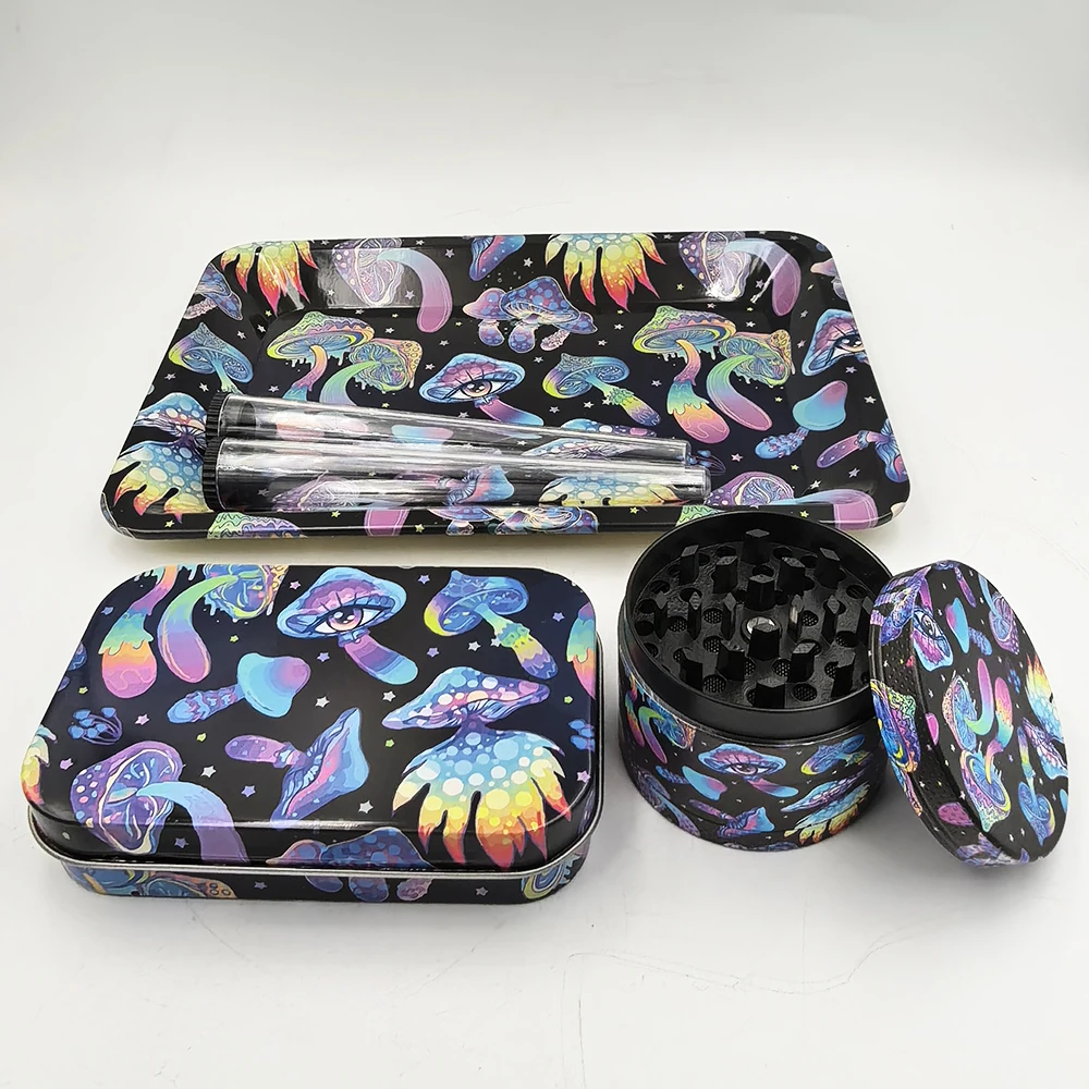 5 Packs 50MM Grinder Kit Set With 115mm Plastic Storage Tube Box Container Herb Grinder Crusher Metal Rolling Tray Set