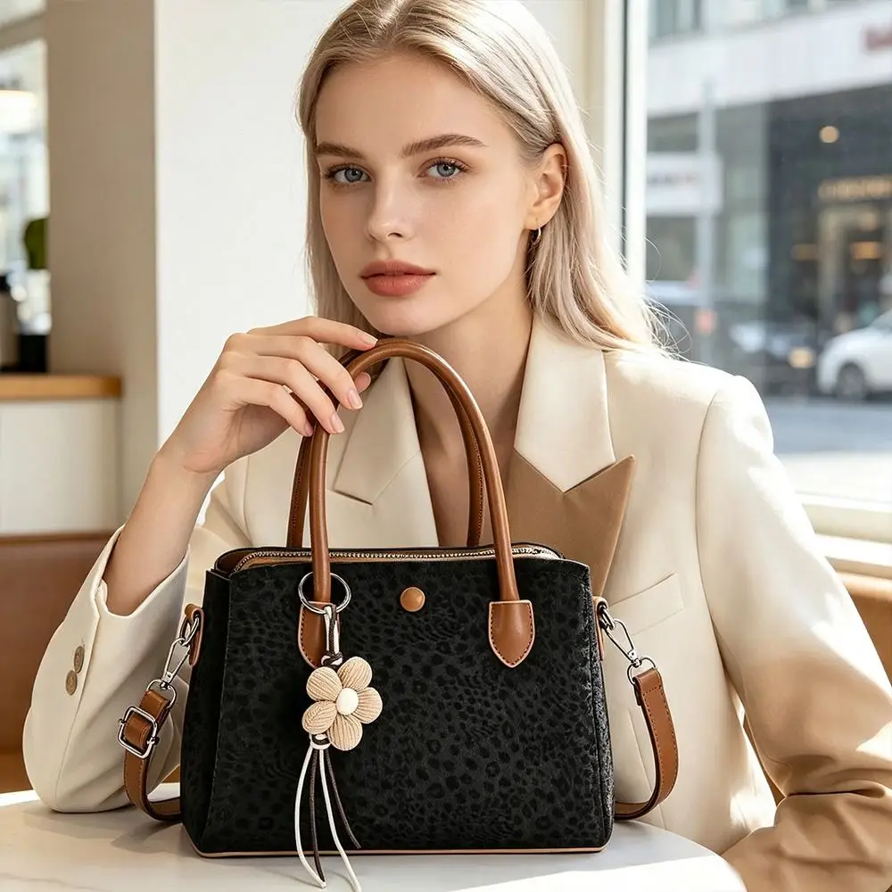 PU Leopard Print Shoulder Bag Large Capacity Multi Layer Crossbody Bag with Pendant Textured Look Hand Carry Bag