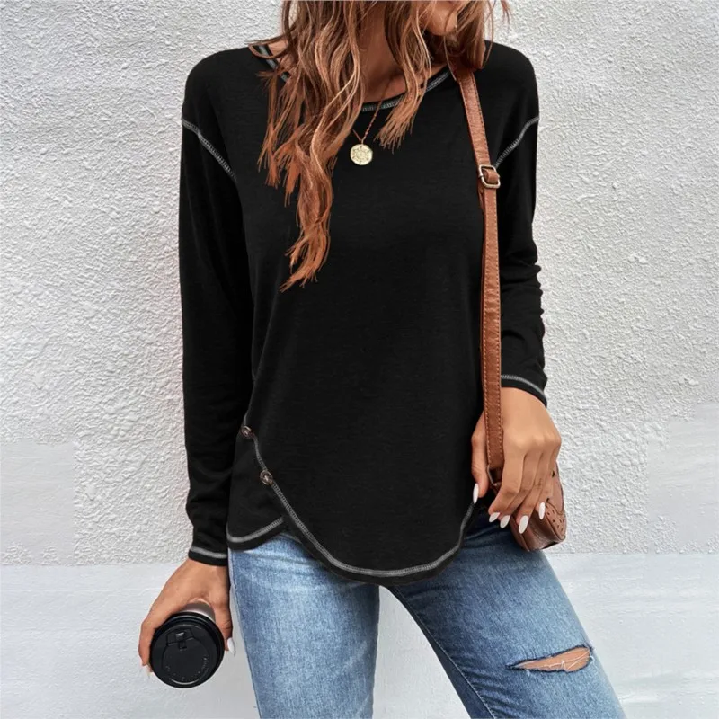 Autumn And Winter New Women\'s Button Irregular Long Sleeved T-shirt Solid Color Round Neck Loose Fitting Pullover  Woman Tops