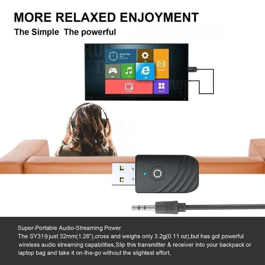 Ricevitore trasmettitore USB Bluetooth 5.0 3-IN-1 Adattatore Bluetooth USB AUX da 3,5 mm Trasmettitore dongle per PC per auto TV Sistema audio domestico