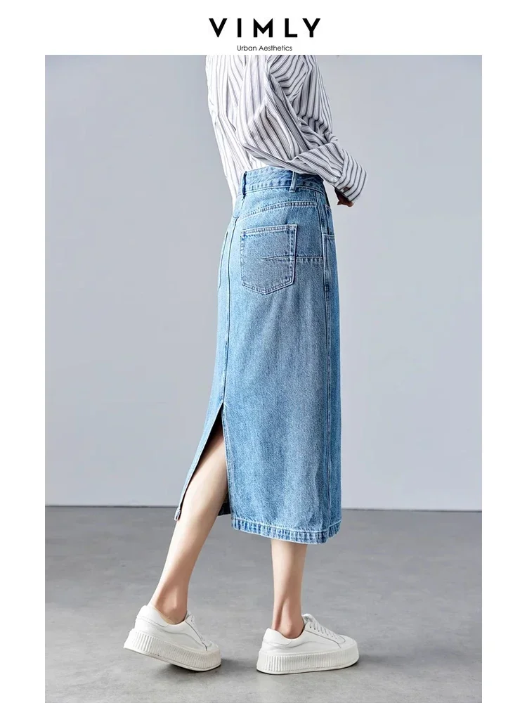 Vimly Split Midi Blue Denim Spódnice dla kobiet Casual Prosta dżinsowa spódnica 2024 Wiosna Jesień Spódnice Odzież damska 72059