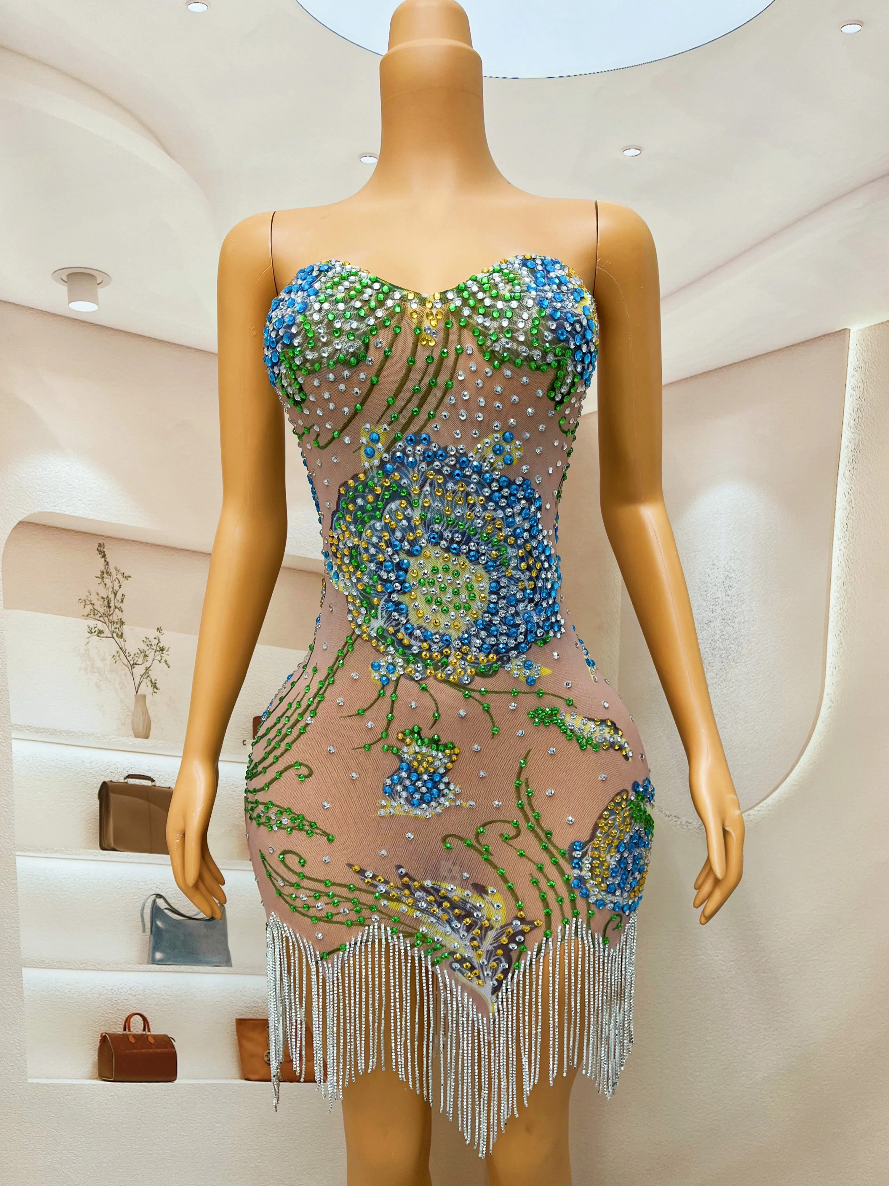 Spring Birthday Celebrate Sexy Transparent Green Rhinestones Crystals Chains Dress Stretch Outfit Prom Party tube top cuihua