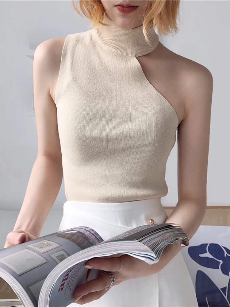 Knitted Sweater Off Shoulder Pullovers Sweater for Women Sleeveless Turtleneck Female Jumper Black White Beige Sexy Clothing