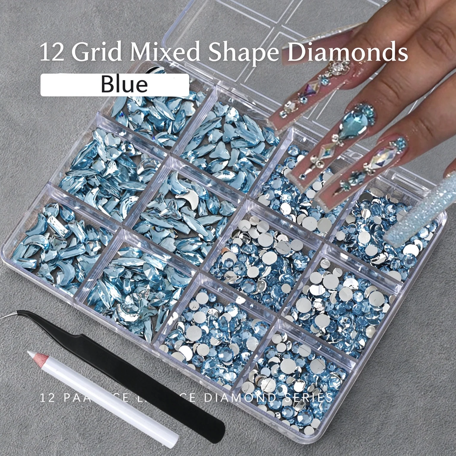 12Grids 3D Baby Blue Multi-Shape Nail Art Rhinestones Flat Back Resin Diamond Luxury Nail Charms for DIY Nail Tips Decorations