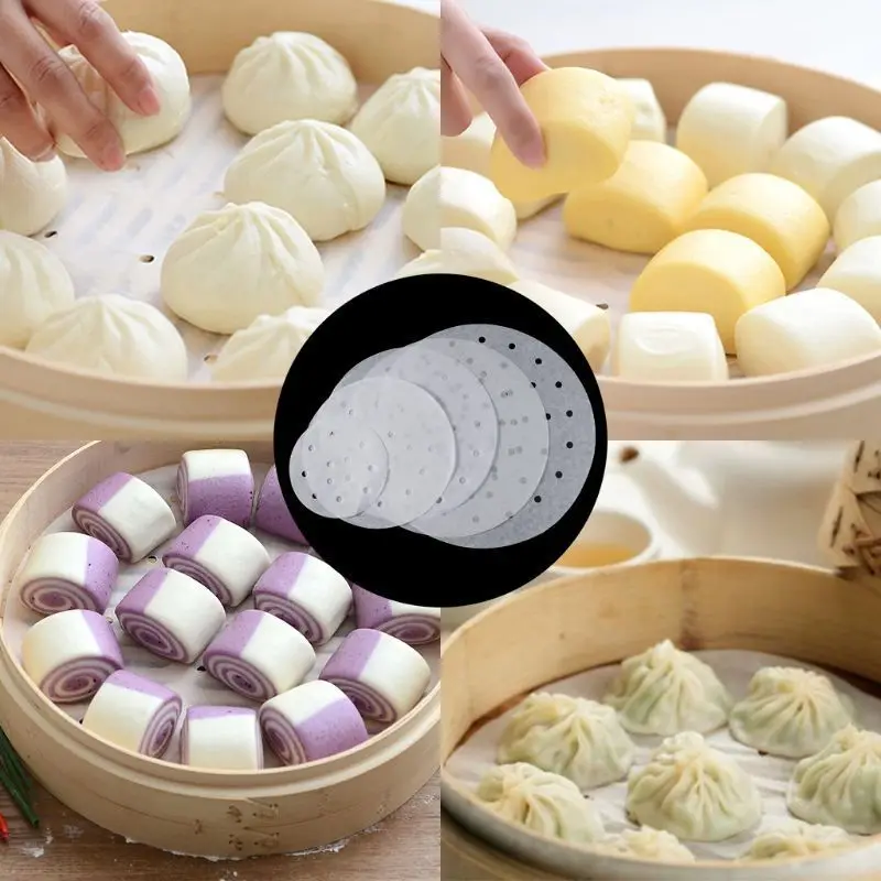 100pcs Round Bamboo Steamer Pad Paper Air Fryer Steamer Liners Perforat Wood Pulp Papers Non-Stick Mat Dumplings Cooking Mat