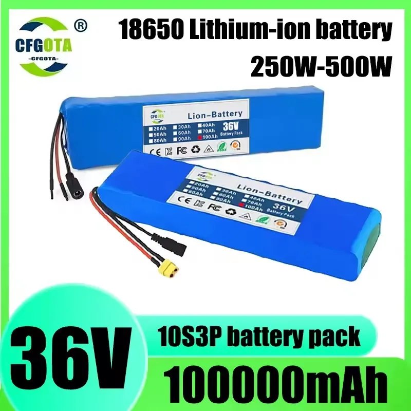 36V 100000mAh, 10S3P battery pack, built-in 15A BMS, 250W-500W battery+42V 2A charger, quality battery