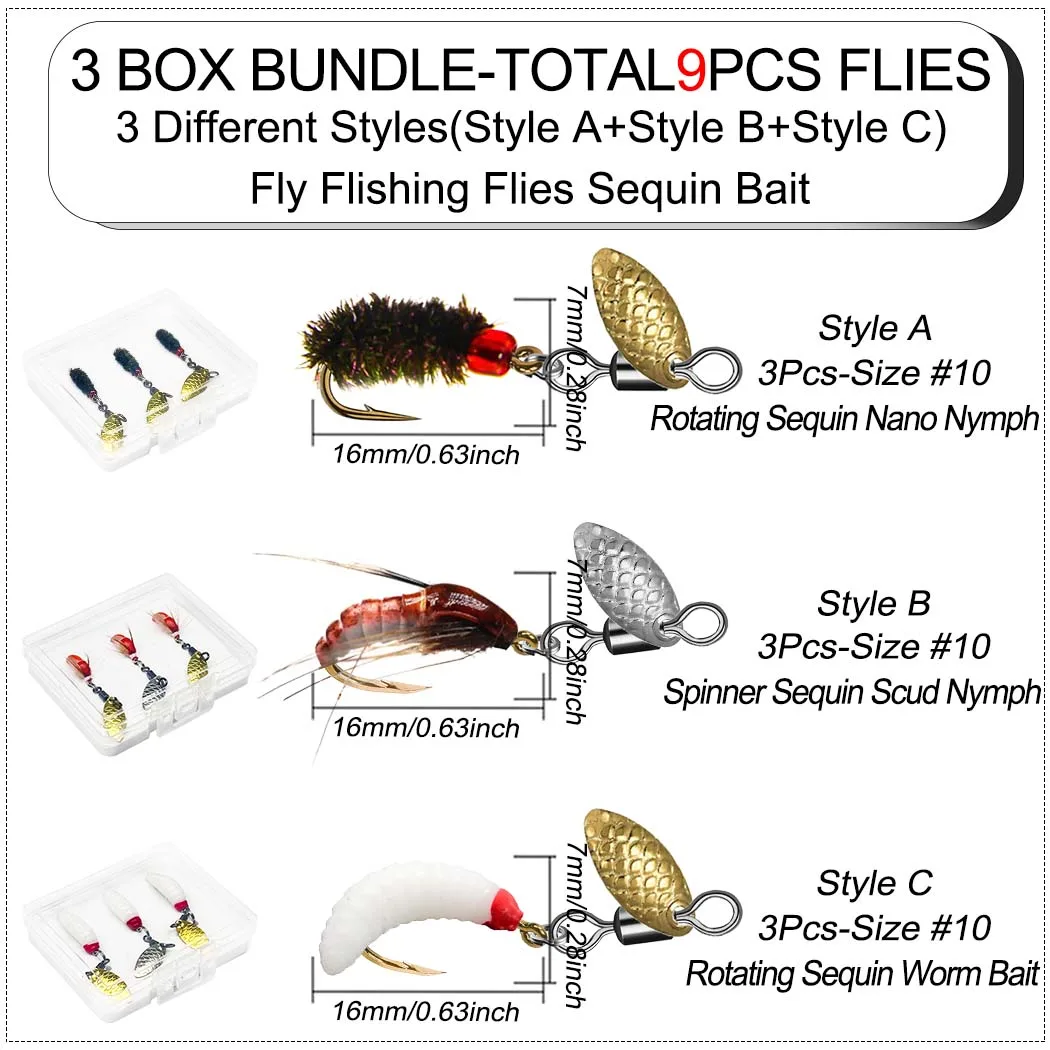 9Pc-3Boxes Bundle Fly Fishing Sequin Bait(3Pc/Box-StylesA+3Pc/Box-StylesB+3Pc/Box-StylesC)Wet Flies Bait for Flishing Trout/carp