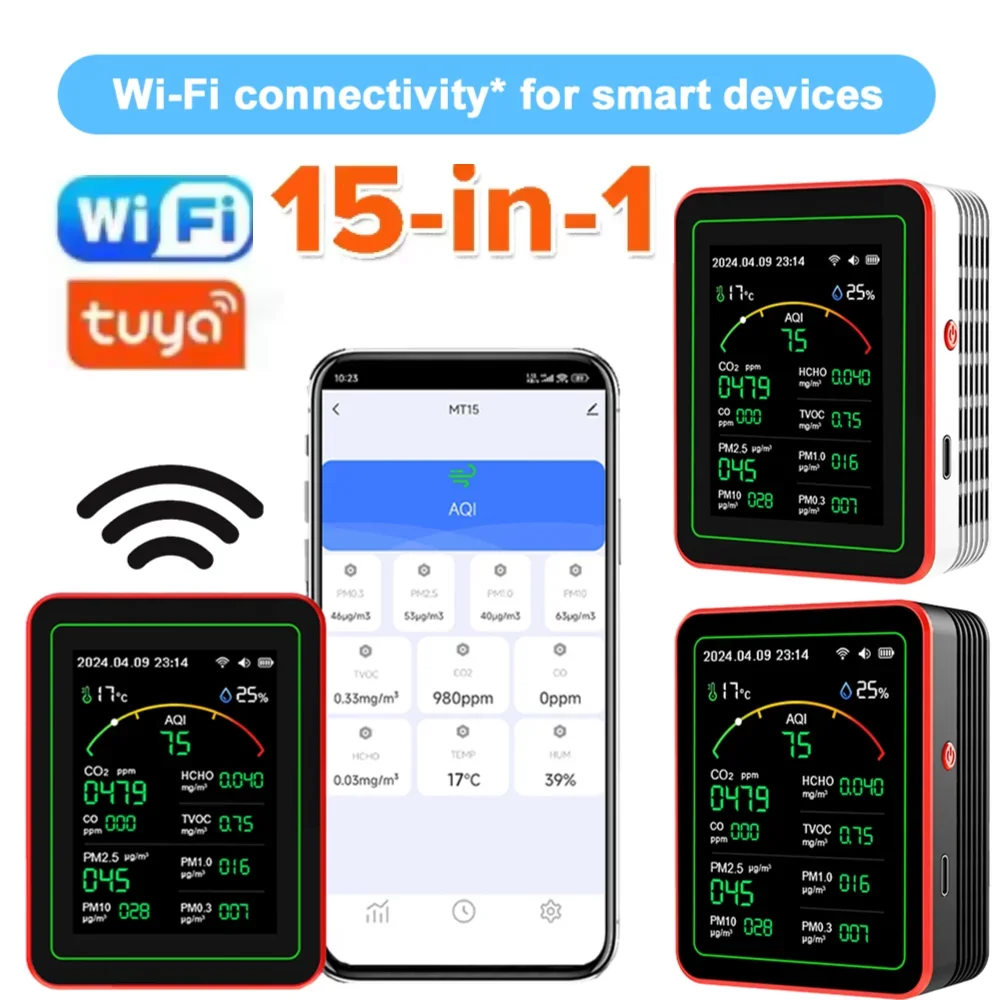 Tuya 15-in-1 WiFi كاشف جودة الهواء AQI PM0.3 PM1.0 PM2.5 PM10 APP التحكم المحمولة CO CO2 TVOC HCHO الكاشف للمنزل
