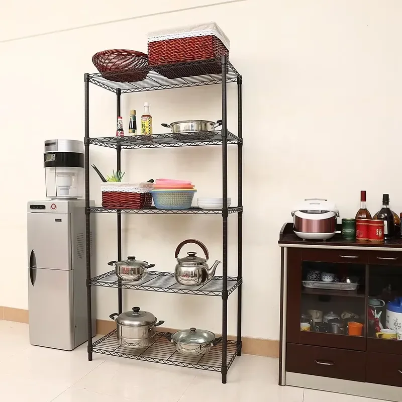 5 Tier Adjustable Metal Kitchen Storage Rack Floor Standing Cooker Shelf Light Black Wire Organizer for Home Household Use