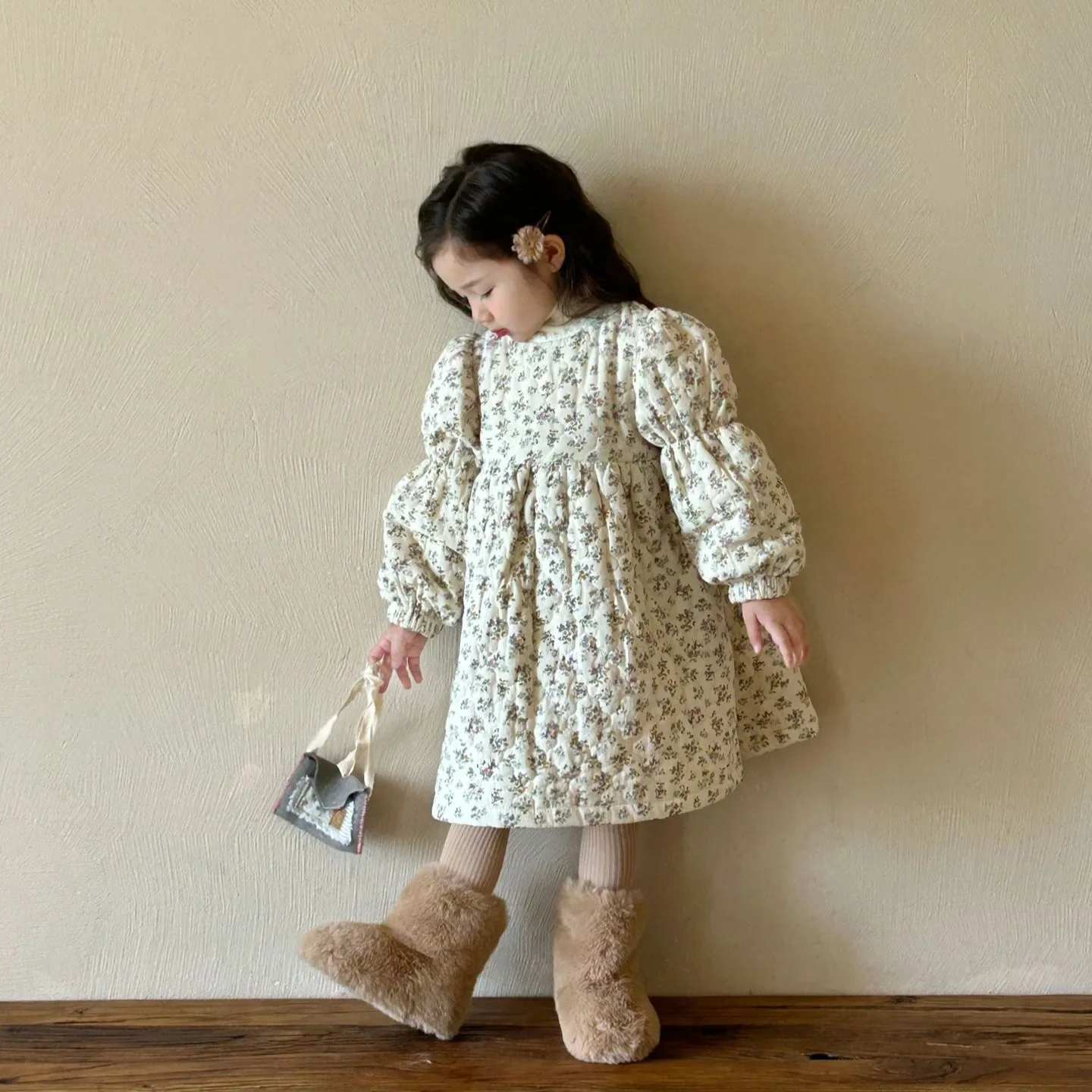 Baby Girls Dress Fashion Thicken Floral Quilted Fleece 2024 Winter New Korean Style Childrens Princess Dress