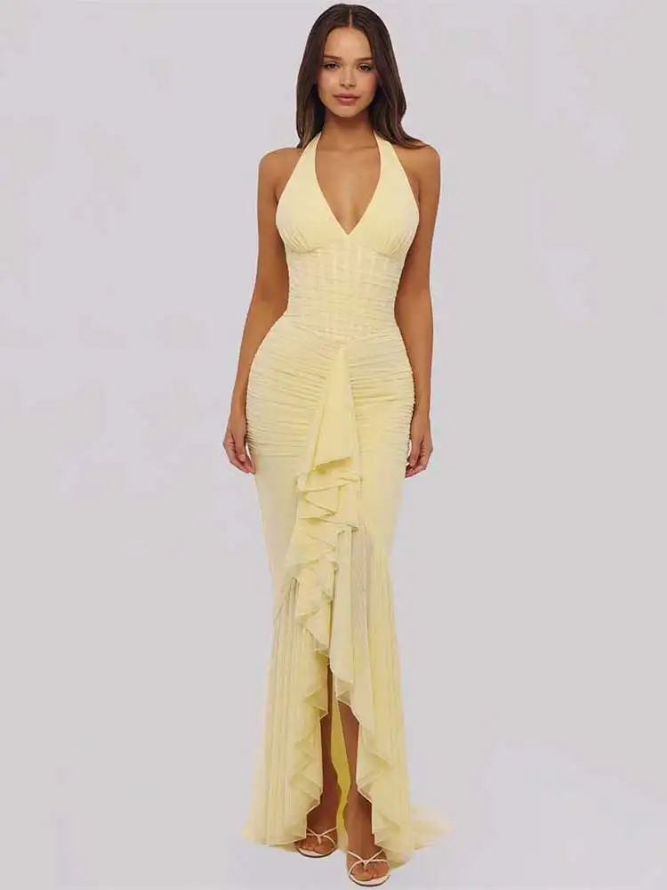 GACVGA Mesh-Maxikleid mit tiefem V-Ausschnitt, rückenfrei, sexy, für Damen, elegant, schulterfrei, ärmellos, mit Rüschen, für Club-Partys, langes Kleid
