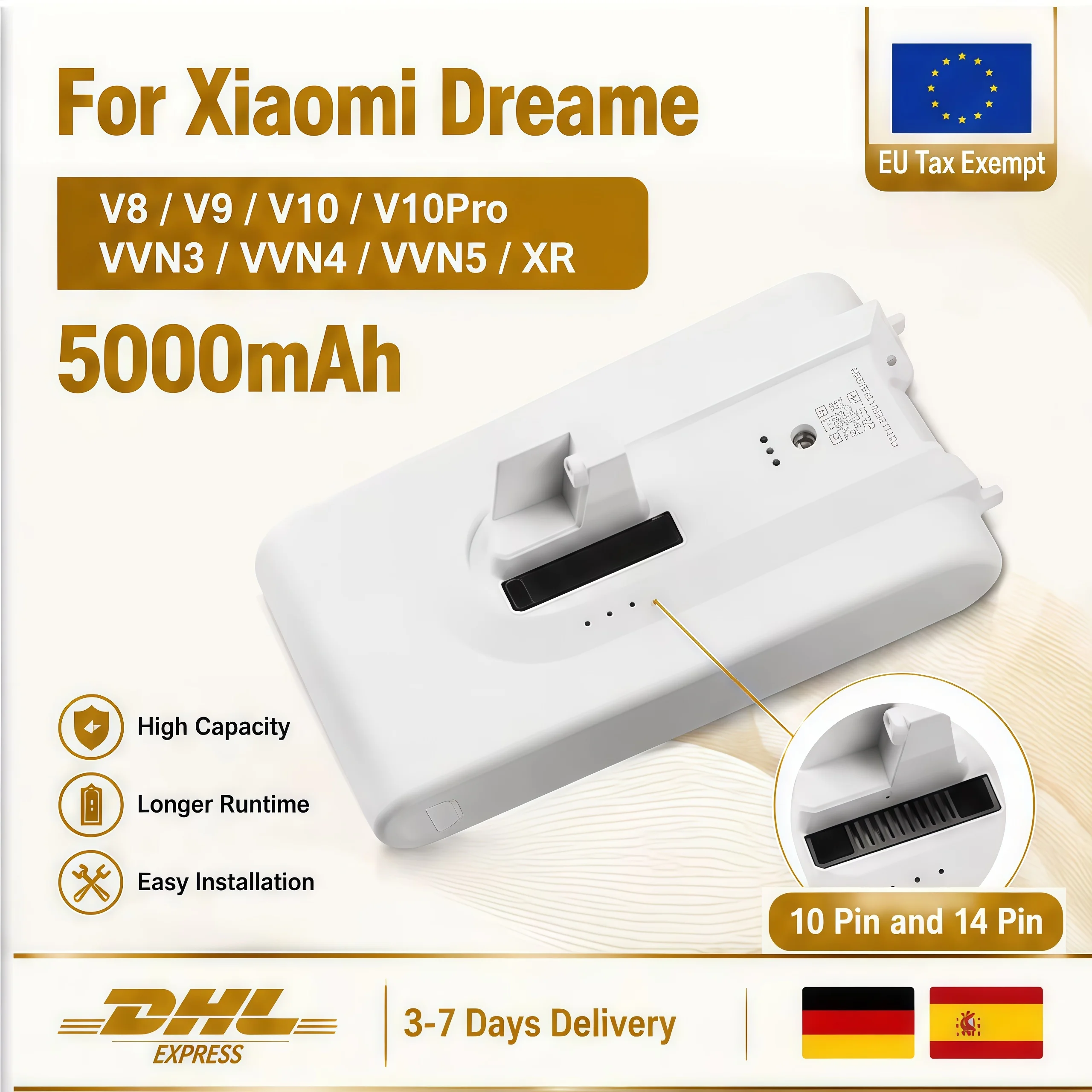 Batterie lithium-ion de remplacement de haute qualité 5000 mAh à charge rapide, compatible avec les aspirateurs sans fil portatifs Dreame V8 V9 V10 Pro VVN3 VVN4 VVN5 XR, longue durée de vie et stabilité de la batterie