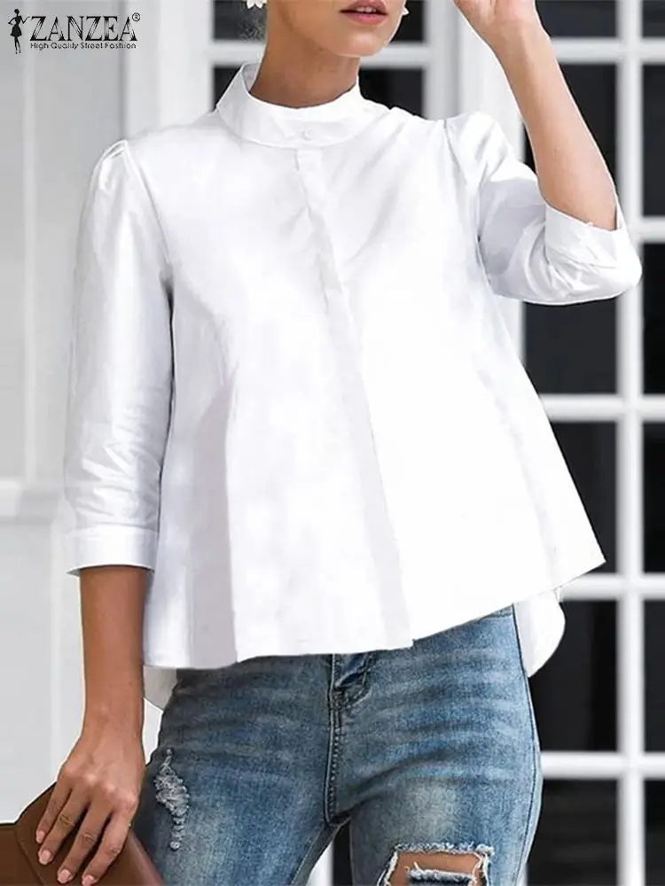 ZANZEA-Blusa informal con cuello levantado para verano, camisa de manga larga con botones, Color liso, 2023