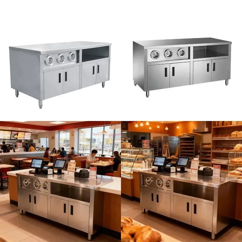 for Custom kitchen center island commercial kitchen equipment stainless steel workbench with cup dispenser and storage