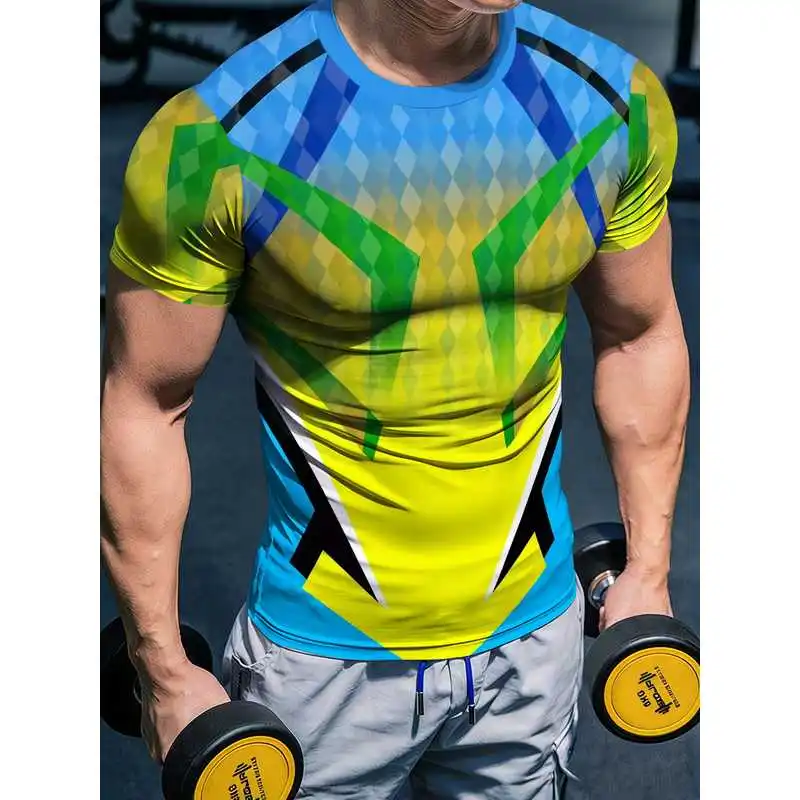 Men's High-Stretch Quick-Dry Muscle Shirt Yellow Green Blue Gradient Fitness Suit Breathable Moisture-Wicking Athletic Wear for