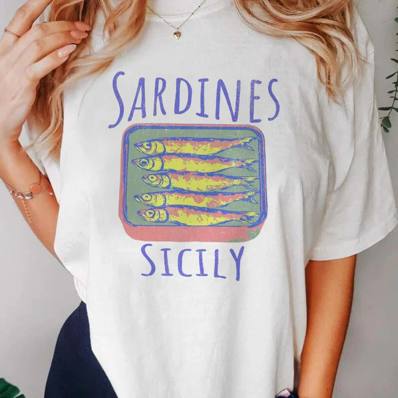 

Top Cartoon Fashion Funny Travel T-Shirt Women's Summer Sardine Pattern Short Sleeve Print Fashion Round Neck Regular T-Shirt