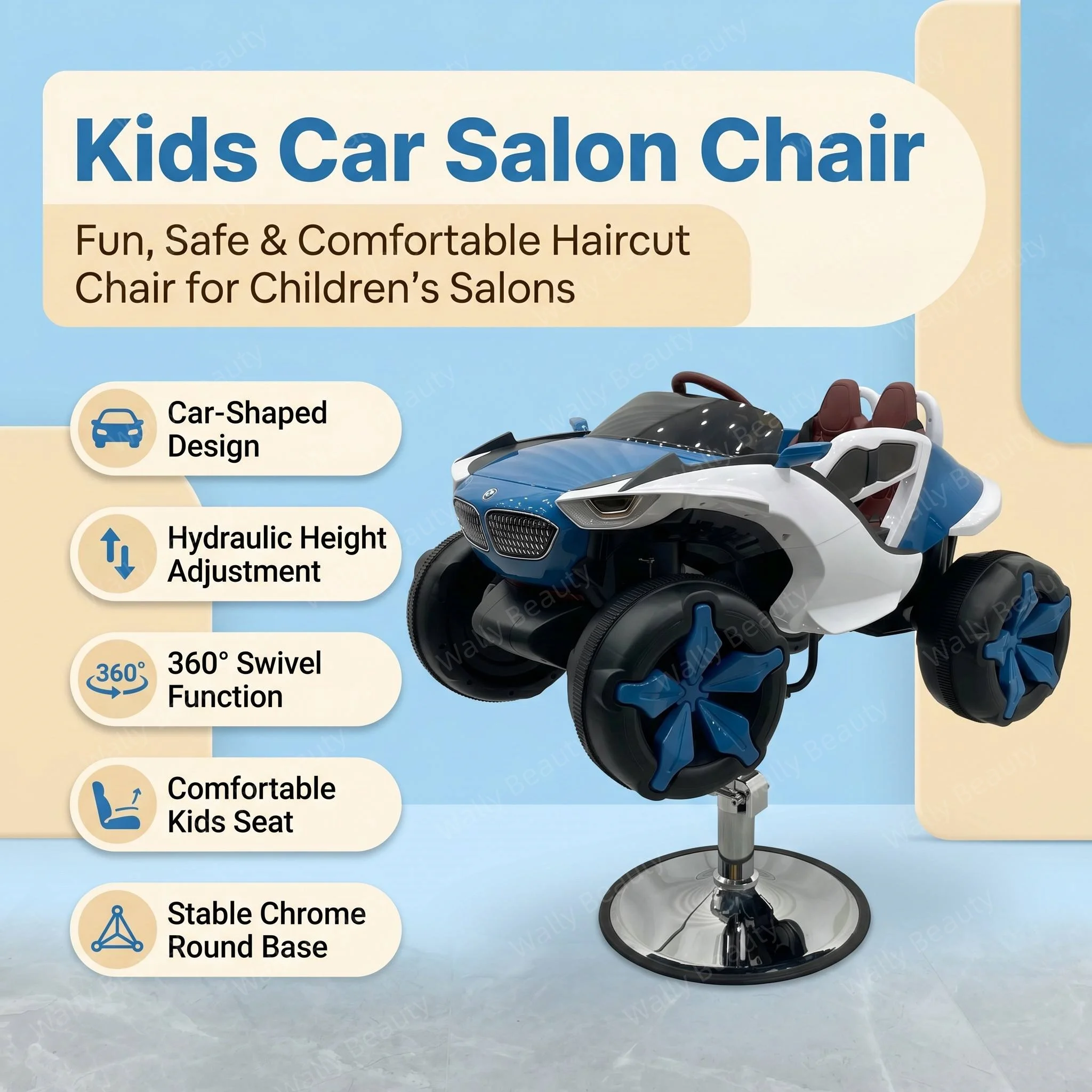 Blue White Kids Car Salon Chair Hydraulic Lift 360 Swivel Children Haircut Barber Seat With Headlights Chrome Base
