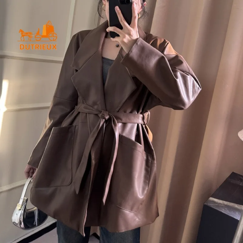 Autumn and Winter New Women's Mid-length Genuine Sheepskin Coat, 100% Real Sheepskin, Office Party Hiking Women's Leather Jacket