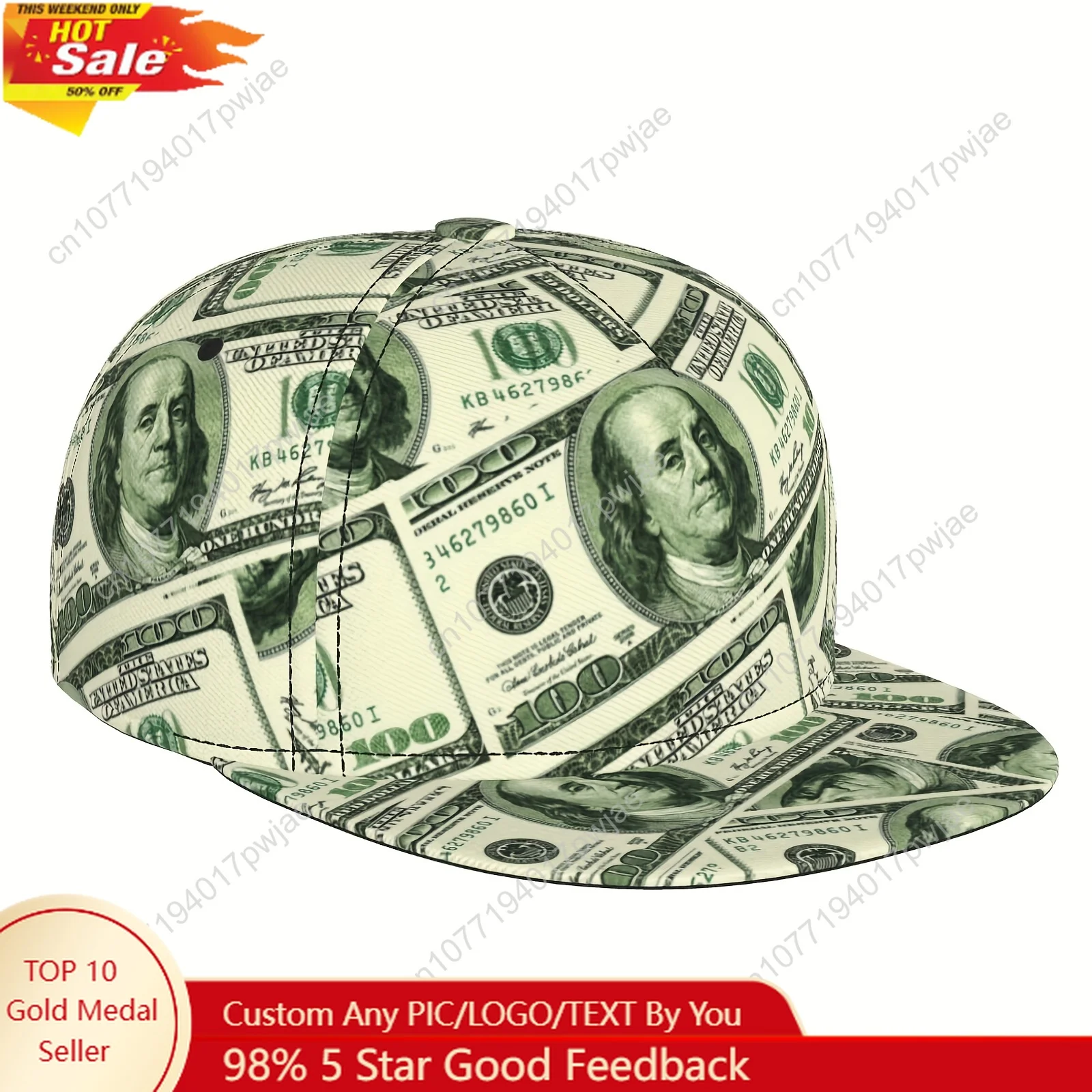 Регулируемая бейсболка унисекс Snapback — $100 Bill Design с плоскими полями в уличном стиле в стиле хип-хоп, легкая дышащая, 100% полиэстер