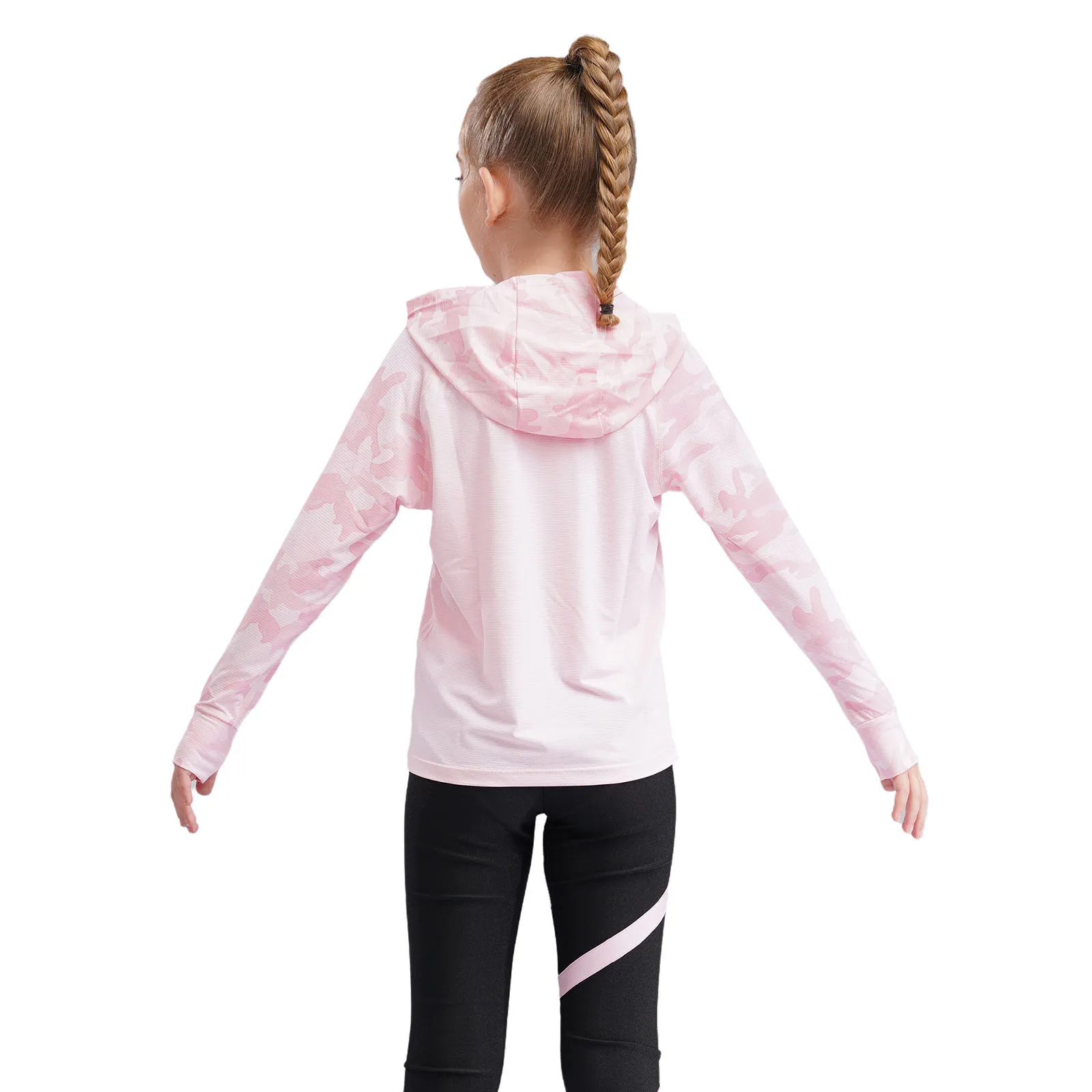 Kids Girls Camo Print Athletic Hoodie with Thumbholes Sweatshirt Quick Dry UPF 50+ Rash Guard Sun Shirt