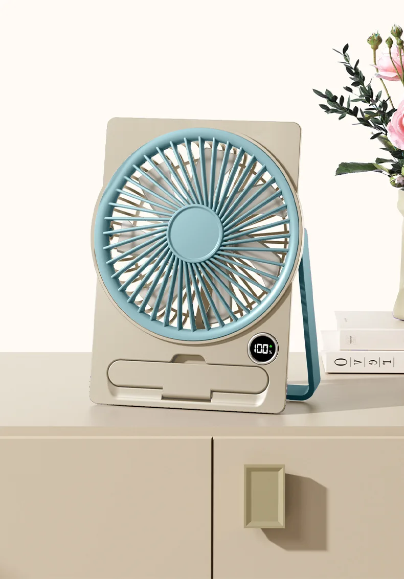 Ultra Thin Mini Fan USB Rechargeable Card Fan LCD Digital Display 6-speed Adjustment Hanging Stand Dual Use Desktop Fan