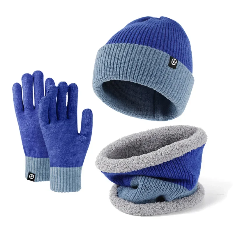 Unisex Beanies Hat Ring Scarf Gloves Set Winter Knitted Thick Warm Women Men Solid Retro Beanie Hat Soft Touch Screen Gloves