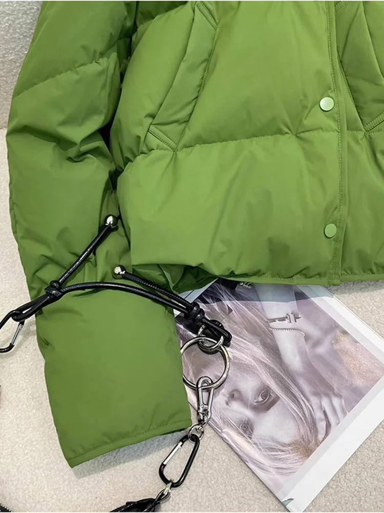 Green Stand Collar Wadded Jacket Women's Casual Single Breasted Short Cotton Coat Korean Long Sleeved Warm Padded Clothes