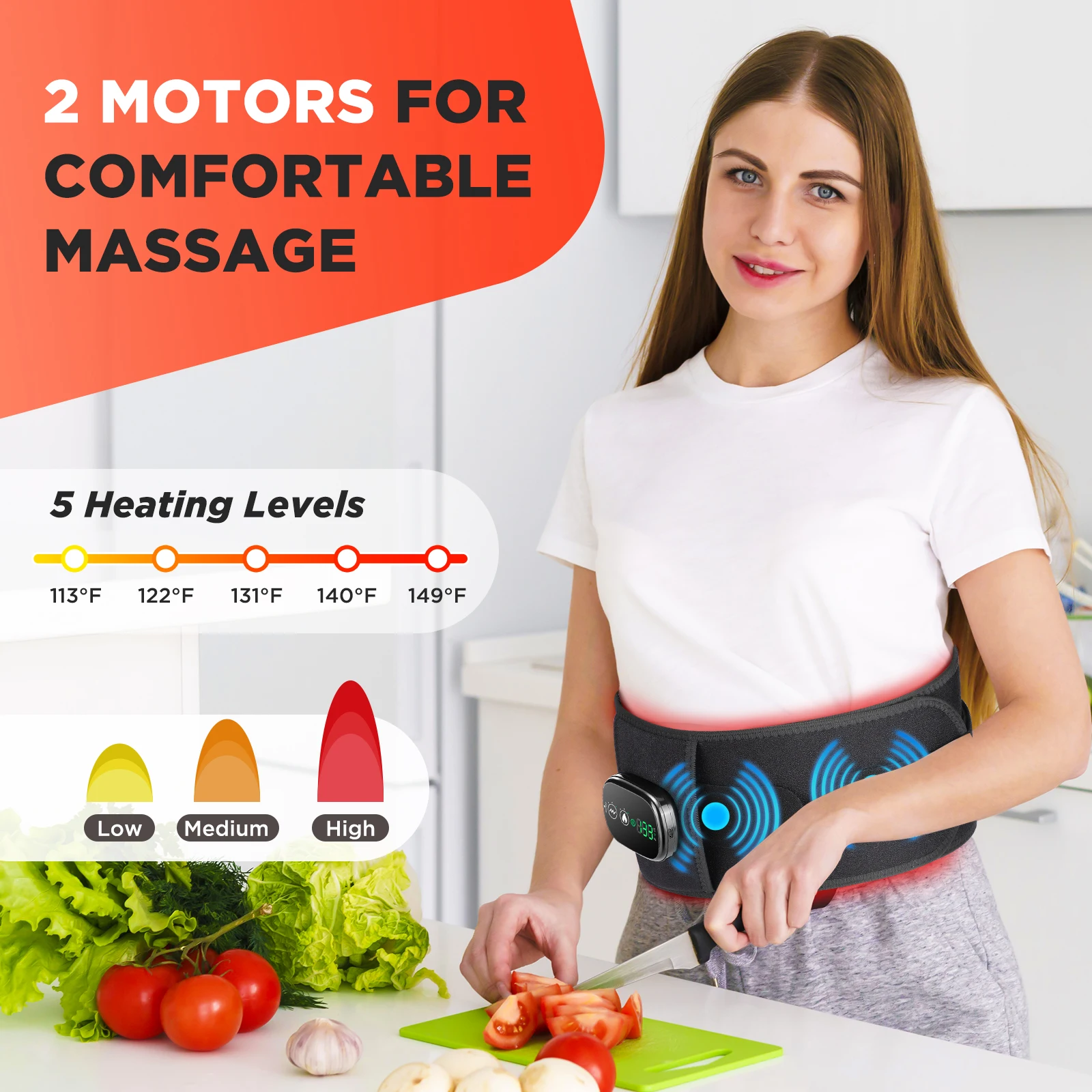 Lower Back Massager Belt Red Light Heat 3 Vibration Modes Steel Support Cordless Type-C Lumbar Waist Wrap for Office Home Travel