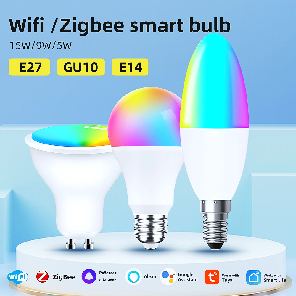 

E27 GU10 E14 15W 9W TUYA Smart WiFi Zigbee RGBCW LED Light Bulb Dimmable Lamp Bulb Smart Home For Alexa Google Home Yandex Alice