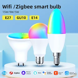 E27 GU10 E14 15W 9W TUYA 스마트 와이파이 Zigbee RGBCW LED 전구 밝기 조절 램프 전구 Alexa Google Home Yandex Alice, 집, 조명, 밝기 조절, Alexa, Google Home, Yandex, Alice