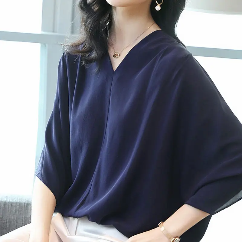 Elegant V-Neck Solid Color Batwing Sleeve Loose Blouse 2022 Summer New Office Lady Tops Oversized Casual Women\'s Clothing Shirt